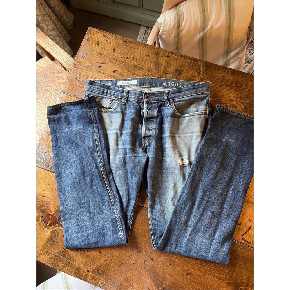 GAP Embroidered 34x34 Men's Distressed Jeans Denim Pants Retro Slim Button Fly